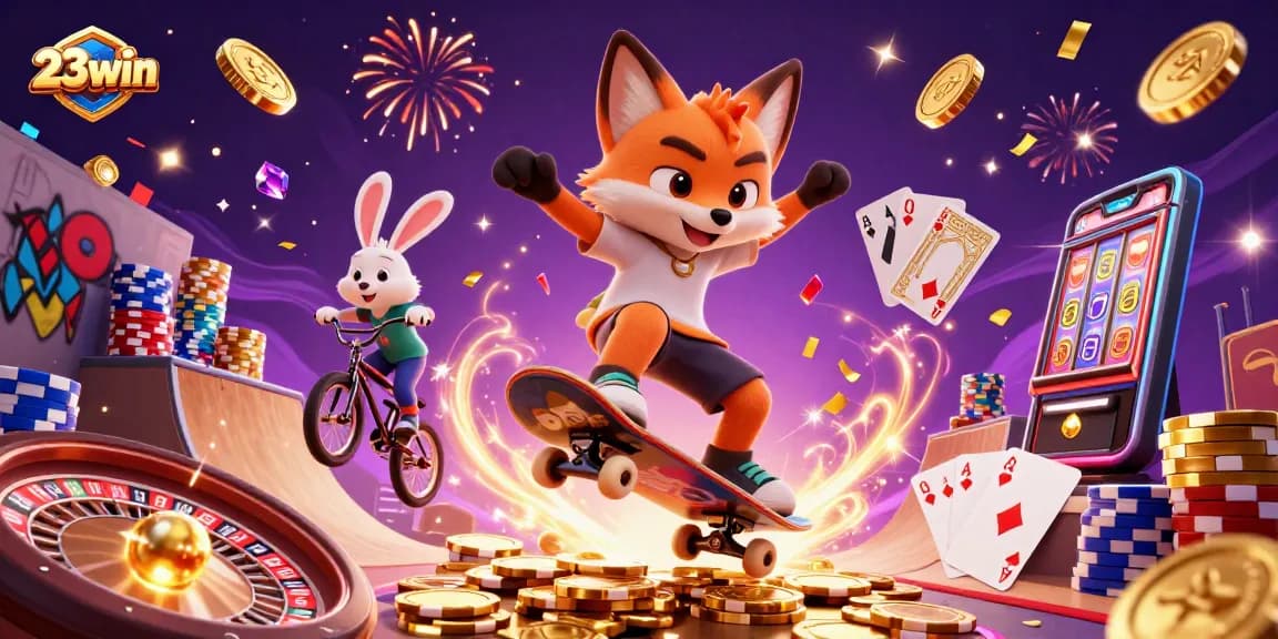 Experience winning thrills at 23win with colorful casino characters and vibrant elements.
