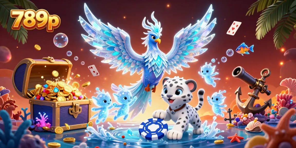 Feel the thrill at 789p as the ice phoenix dances amidst poker chips and treasures in this vibrant casino illustration.