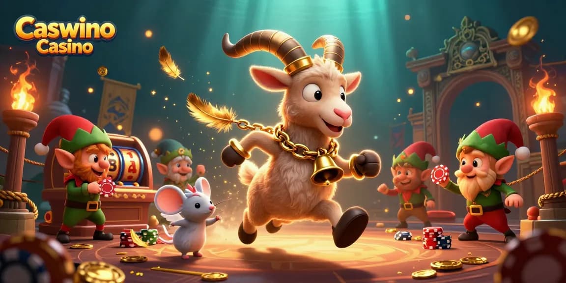 Experience the fun of Caswino Casino with playful characters in a vibrant casino scene.