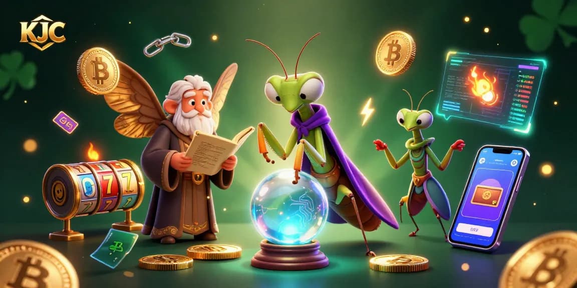 Step into the magic of KJC's online casino world with a vibrant 3D illustration featuring charms and luck elements.