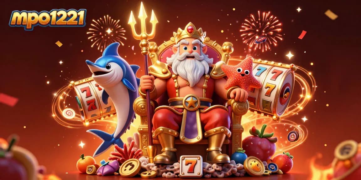 Gali jackpot dengan mpo1221, raja laut bersama simbol slot di latar belakang yang meriah.