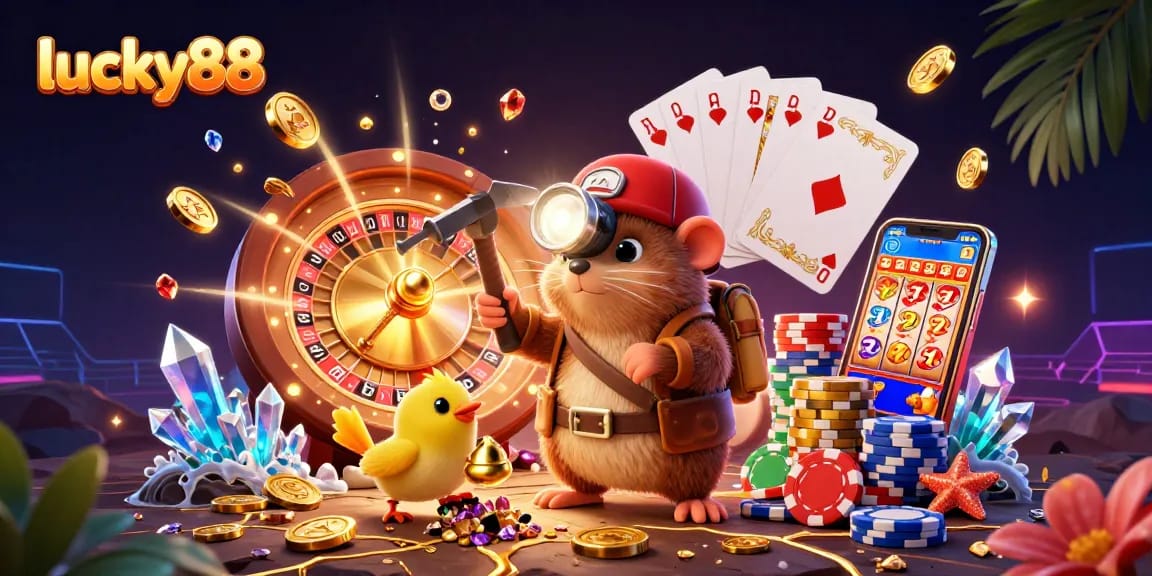 Experience lucky88 through a vibrant 3D illustration of a treasure hunter in a dynamic casino environment.