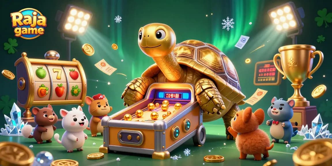 Experience the excitement of Raja game with vibrant slot reels and a golden tortoise in action.