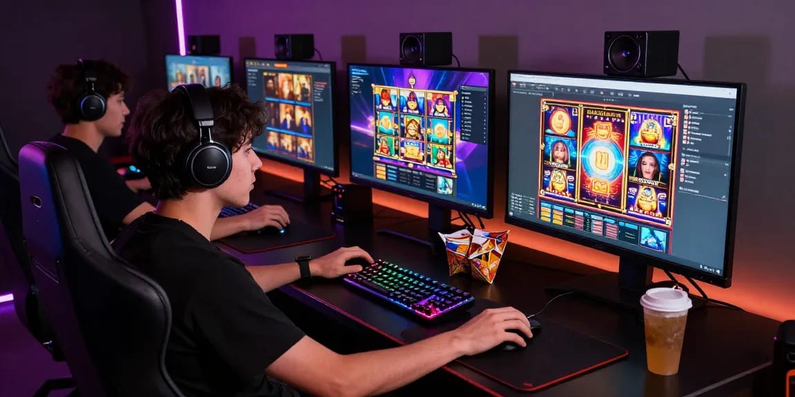 Engaging slot online gaming setup with multiple screens and vibrant graphics.