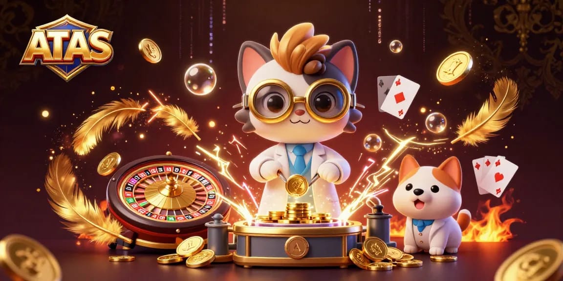 Engage with ATAS at the vibrant casino, experiencing high-energy gaming with mad scientist cat and assistant.