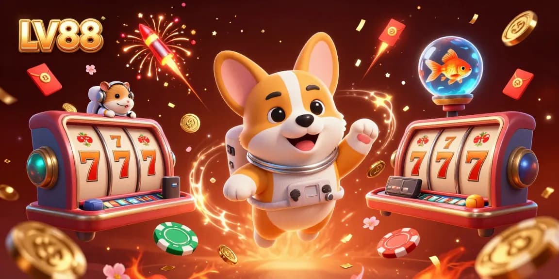 Experience the excitement of LV88 with a cartoon astronaut corgi in a vibrant casino setting.
