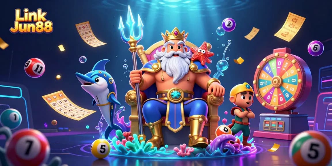 Engage with Link Jun88's vibrant lottery scene featuring Neptune, dynamic elements, and immersive underwater atmosphere.