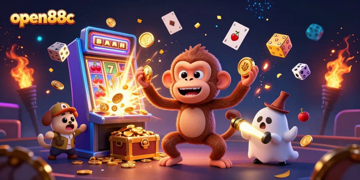 Experience the excitement of open88c with a playful poltergeist monkey and a curious ghost-hunter puppy in a lively casino scene.