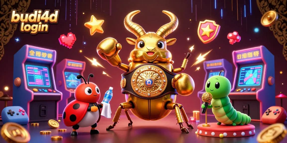 Budi4D login features a vibrant 3D illustration showcasing a quirky standoff with gaming elements, enhancing user experience.