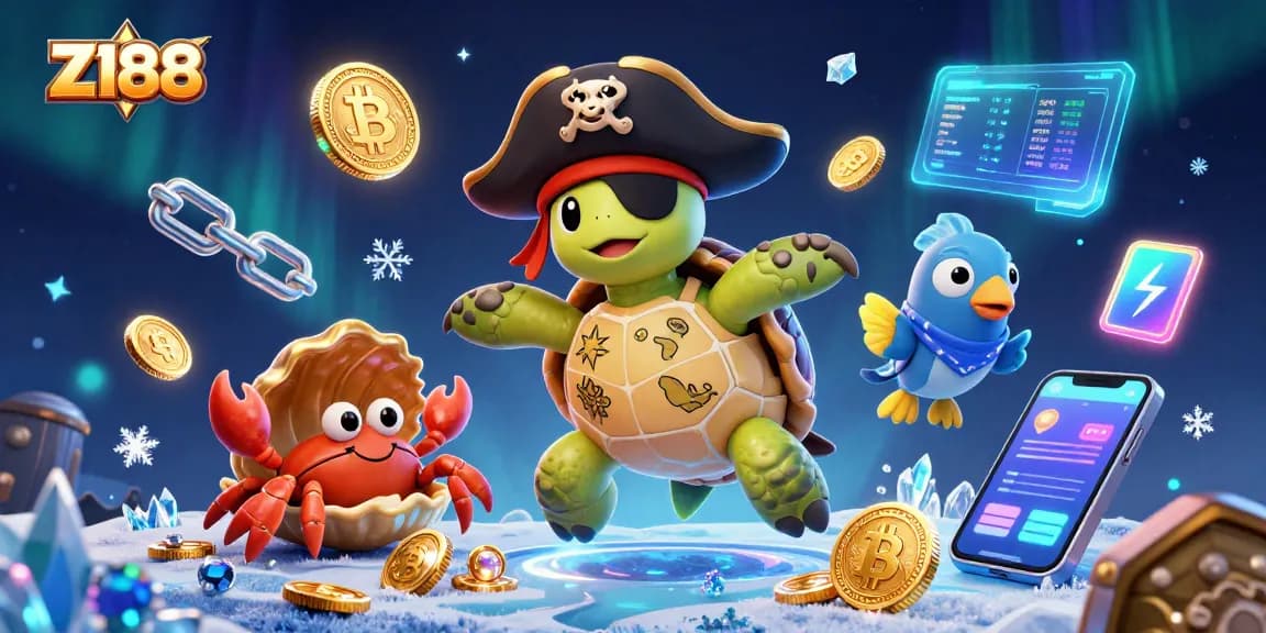 Z188 takes gambling to the next level with vibrant illustrations of a pirate turtle and crypto coins amidst sunken treasure.