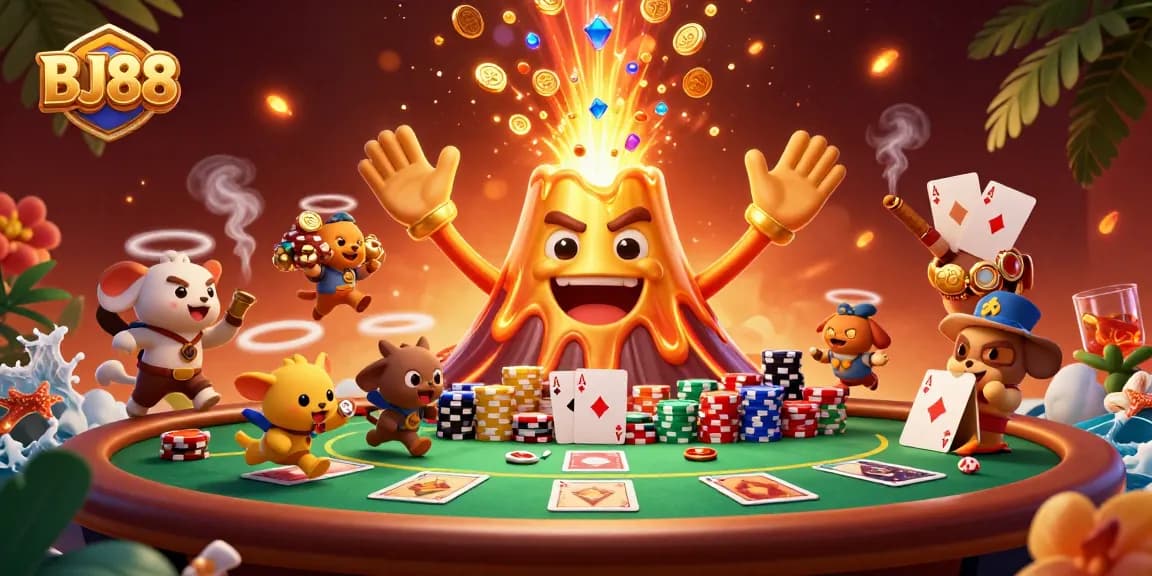 Experience the excitement at BJ88 with vibrant casino elements and a golden volcano of treasures.