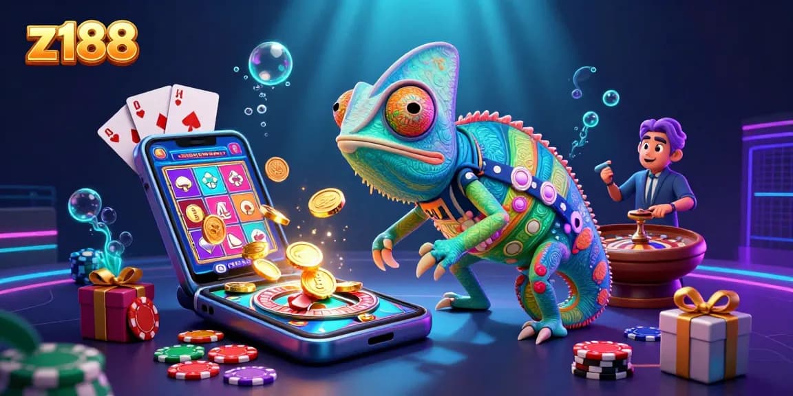 Experience the vibrant z188 casino with a colorful chameleon character and engaging gaming elements.