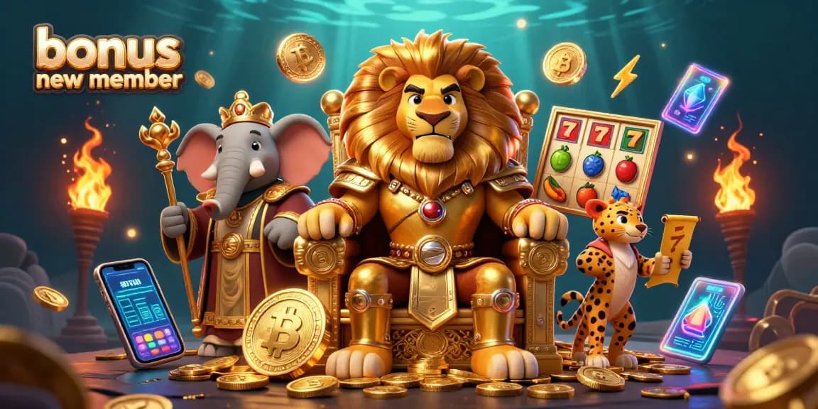 Engage with the bonus new member promotion featuring a lion king, elephant advisor, and cheetah messenger in a vibrant casino scene.