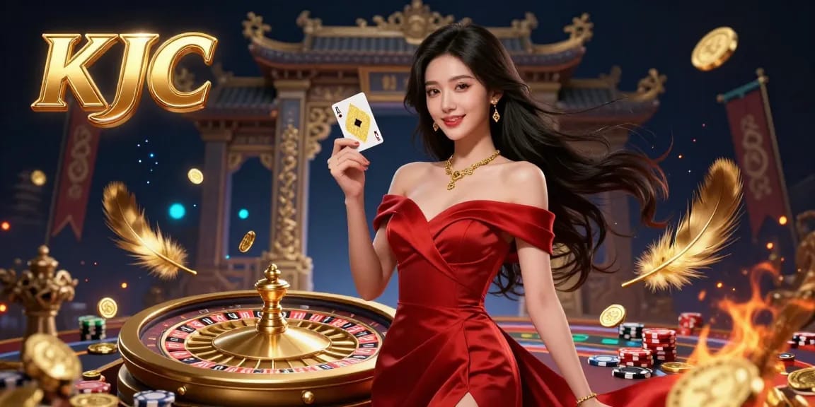 KJC offers an engaging casino experience with a beautiful woman holding a golden card beside a roulette wheel.