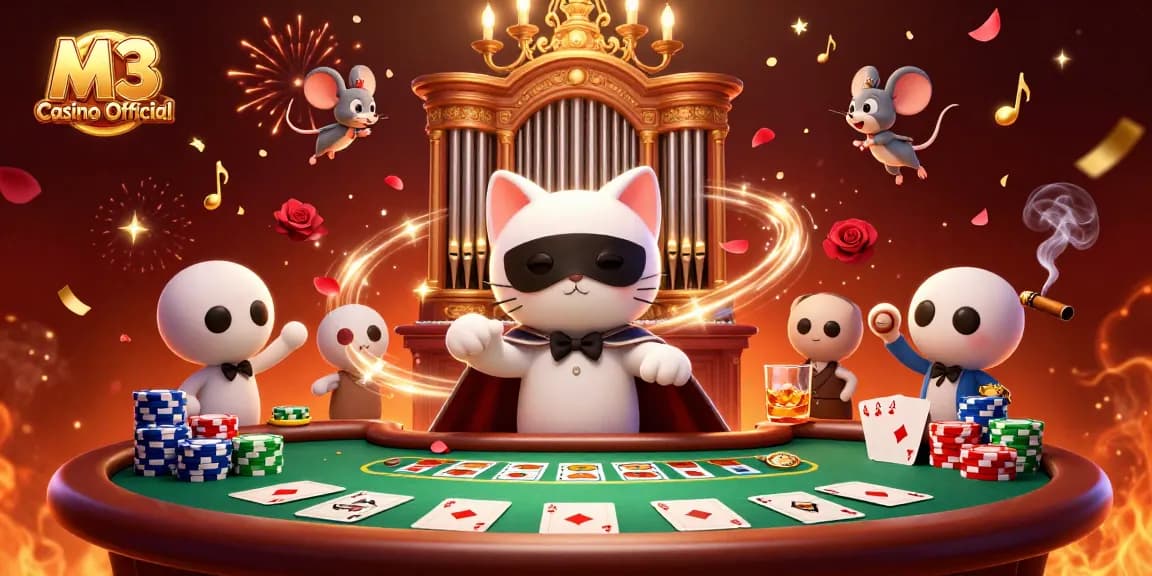Experience thrilling gameplay at M3 Casino Official with poker chips and acrobatic performances.