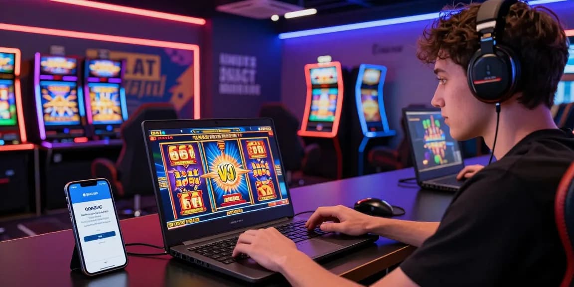 situs SlotQQ QQHOLIC user enjoying an immersive online gaming experience with colorful slot graphics.