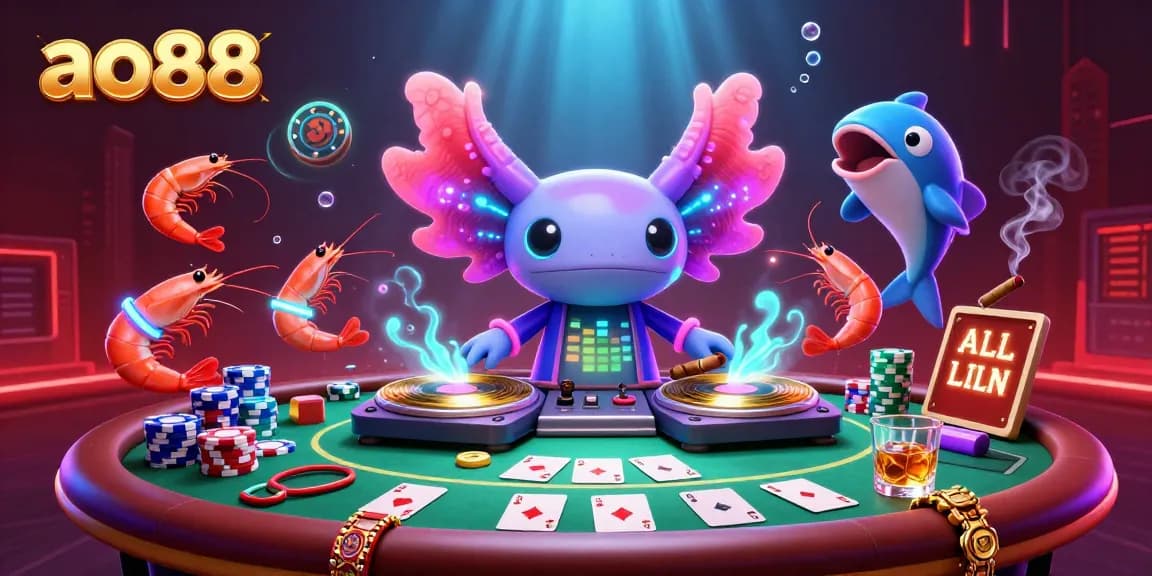 Celebrate ao88 with a dynamic 3D casino scene featuring an axolotl DJ, poker chips, and vibrant underwater energy.