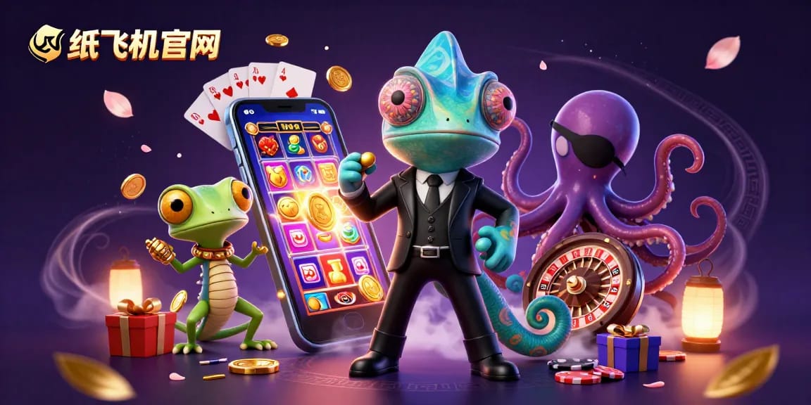 Engage in thrilling games at 纸飞机官网 featuring a secret agent chameleon, gecko, and octopus amidst vibrant casino elements.