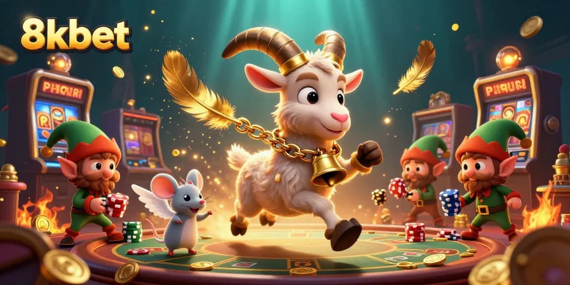 8xbet casino featuring a 3D Krampus goat, angel mouse, and elf gremlins amidst slot machines.