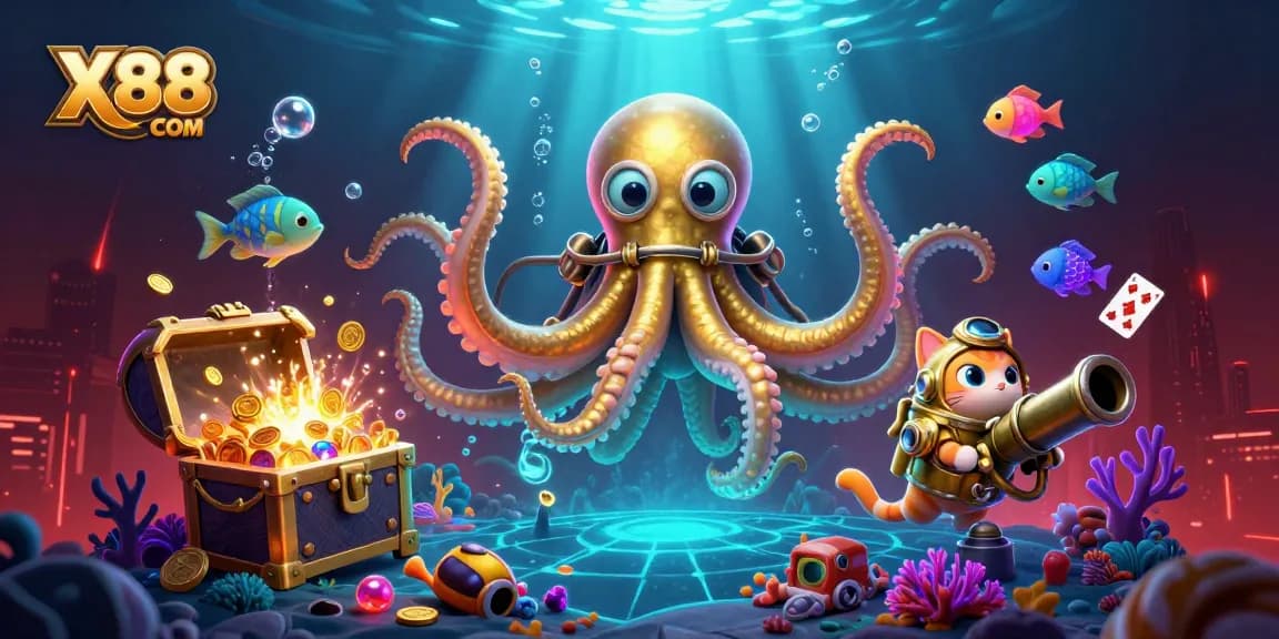 Experience thrilling gaming action at X88 COM with a spectacular underwater scene featuring vibrant characters and treasures.