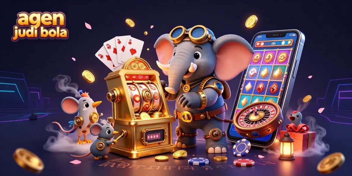Experience thrilling bets with agen judi bola featuring a steampunk elephant and vibrant casino elements.