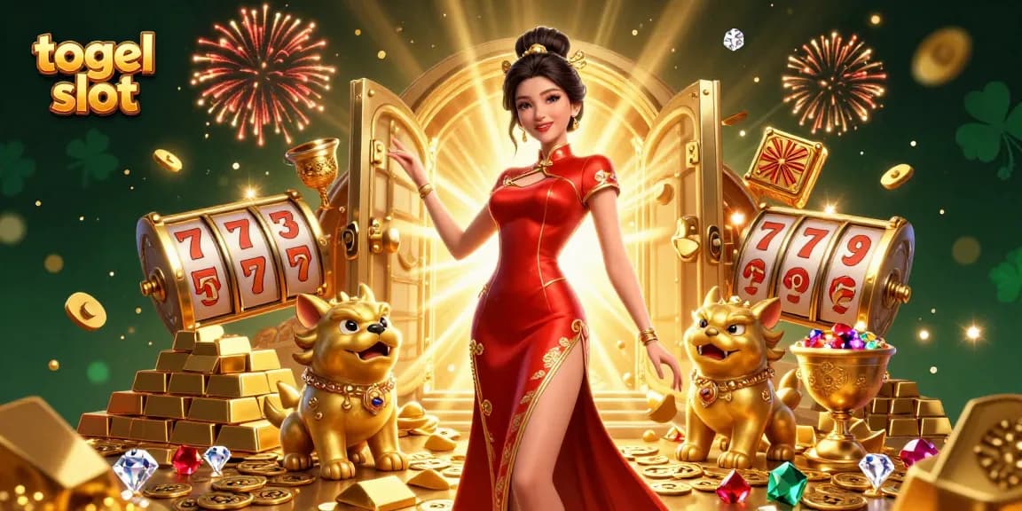 Experience the excitement of togel slot with a lavish 3D illustration featuring treasures and fortune.