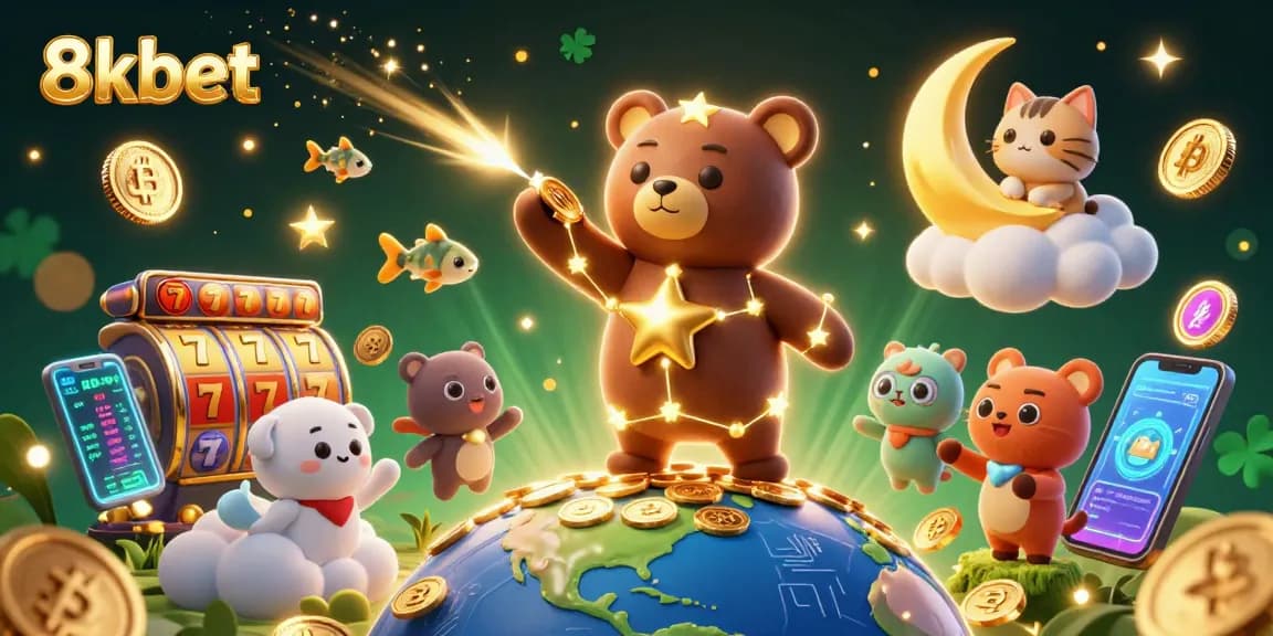 Win big at 8xbet with thrilling slots, golden star bear collecting coins amidst vibrant jackpots and glowing crypto elements.
