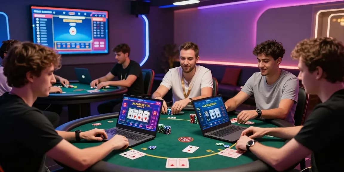 Agen Poker Online tournament scene with engaged players and vibrant graphics in a cozy gaming room.