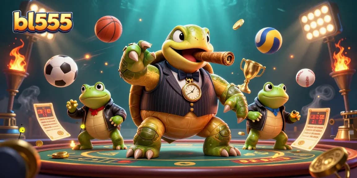 Engage with bl555 through a vibrant casino scene featuring a snapping turtle and bullfrogs amidst dynamic sports elements.