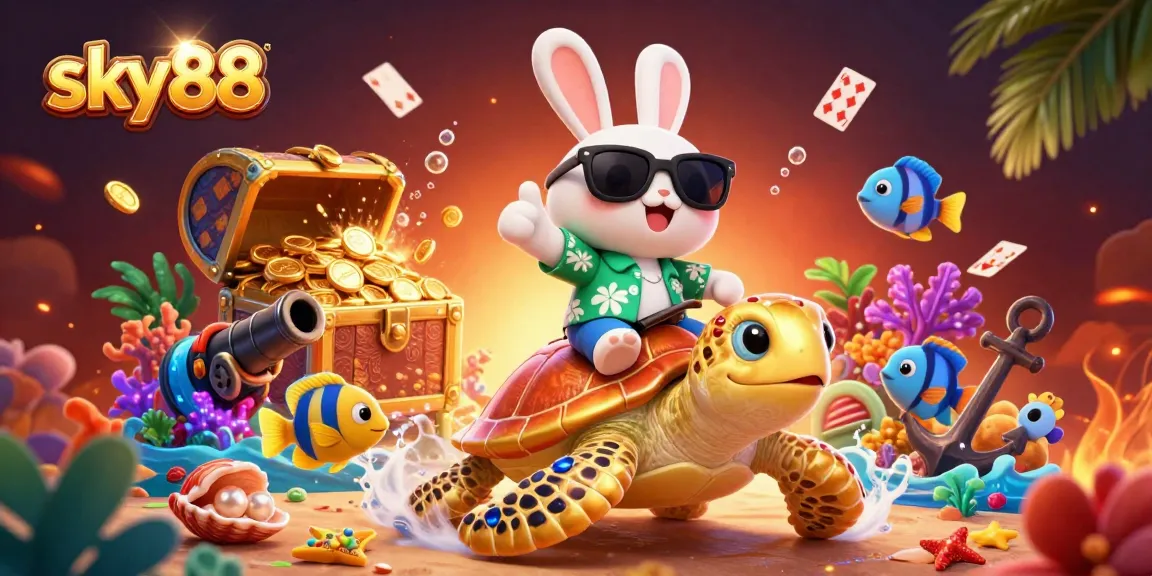 Join the action at sky88 with a lucky rabbit and golden turtle enjoying vibrant casino fun under the sea.
