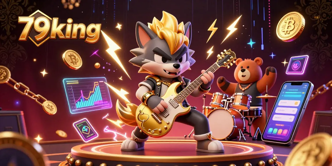 Engage with 79king casino excitement through vibrant 3D illustration featuring a rock star wolf and drummer bear.