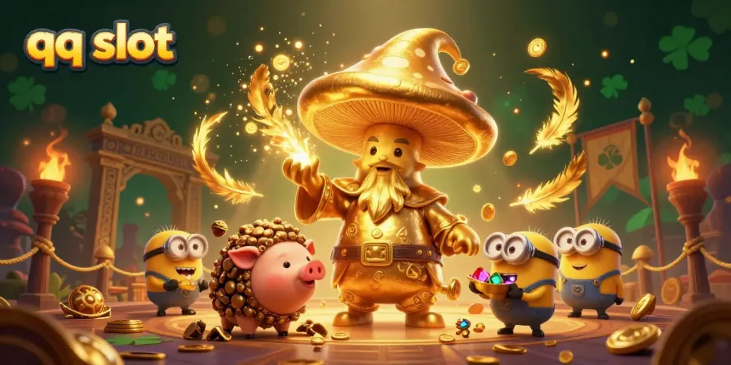 Experience thrilling qq slot adventures with a golden mushroom wizard and treasure-filled scene.