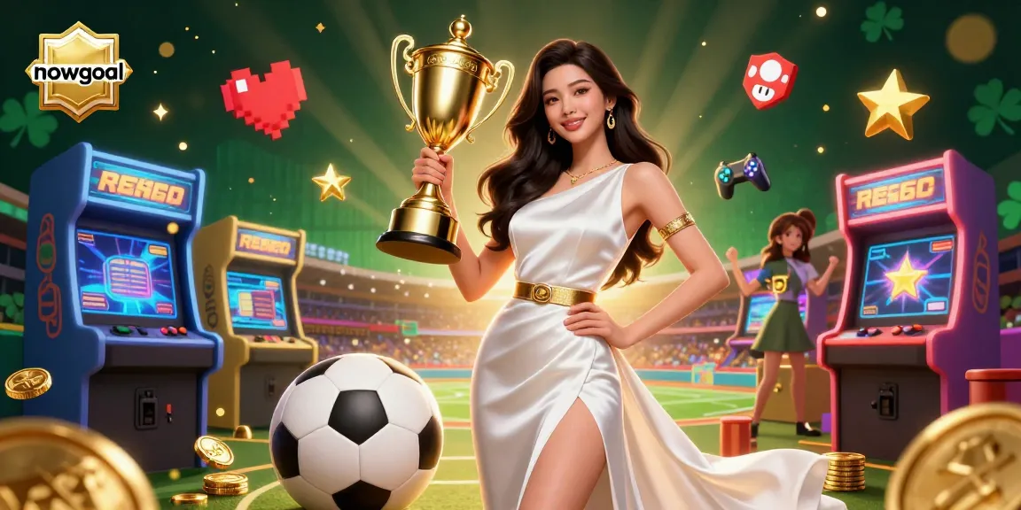 Bet on nowgoal with a victorious Asian woman holding a trophy, surrounded by dynamic sports betting elements.