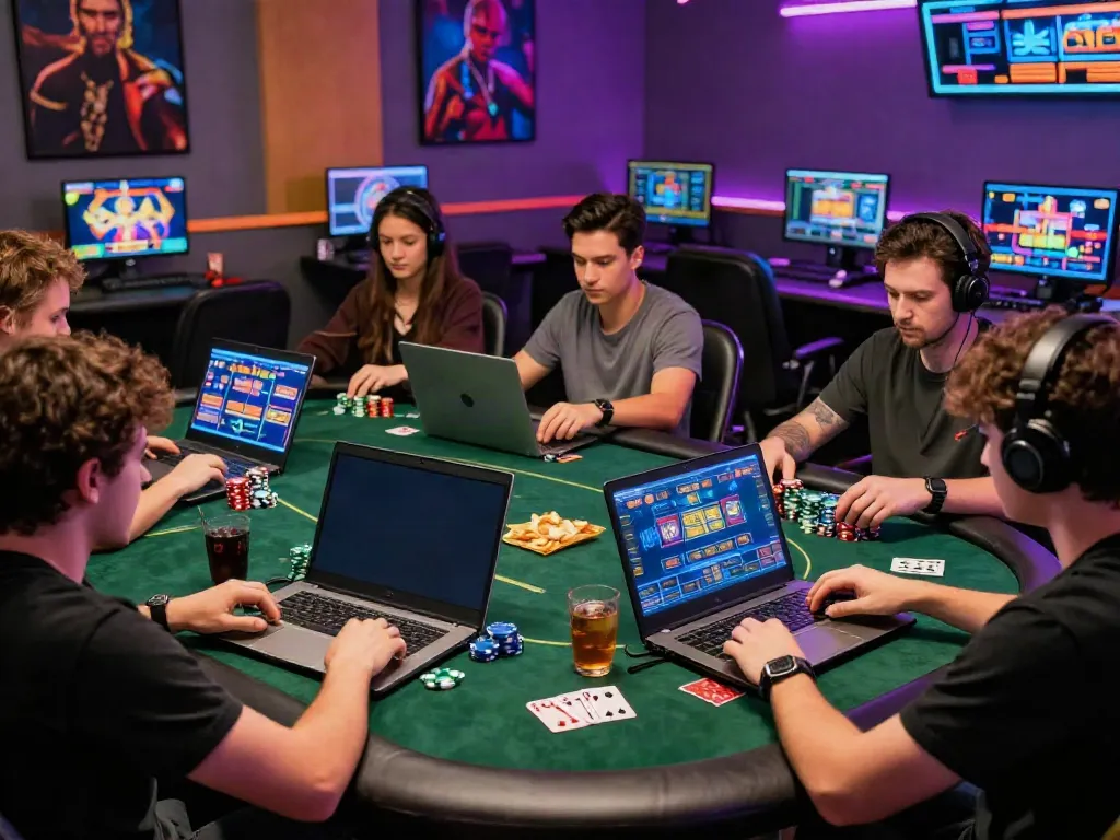 Akunjp online gambling scene with players enjoying vibrant slot games in a lively gaming lounge.
