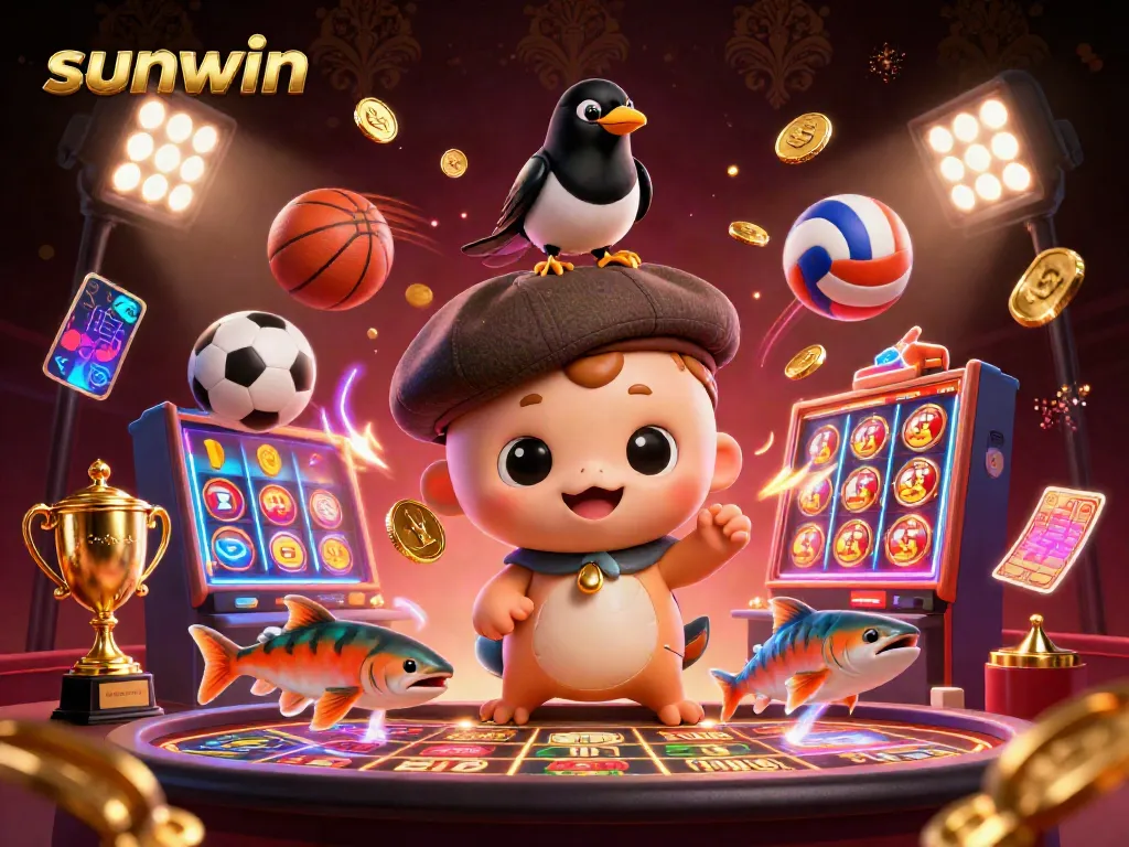 Win big at sunwin with playful characters and vibrant casino elements in an engaging 3D illustration.