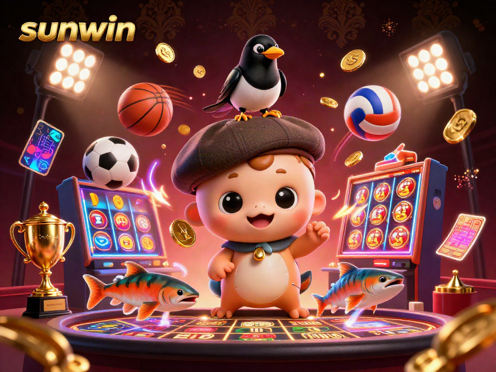Win big at sunwin with playful characters and vibrant casino elements in an engaging 3D illustration.