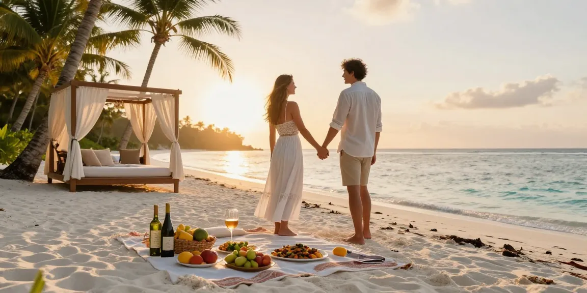 Momen romantis di pantai mewah dengan LUXURY111, pasangan menikmati waktu bersama di pemandangan indah saat matahari terbenam.