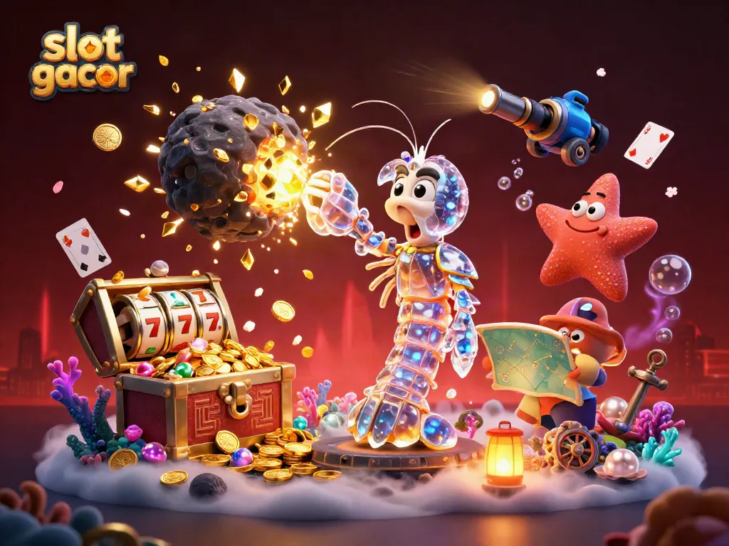 Menyaksikan slot gacor di tengah ledakan koin dan permata dalam ilustrasi 3D yang menakjubkan.