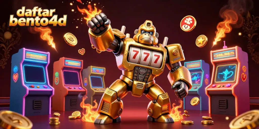 Experience daftar bento4d with a dynamic 3D scene of a golden gorilla mech and arcade elements.
