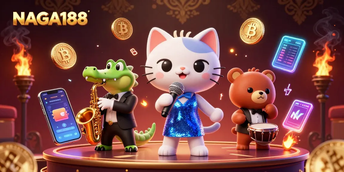 NAGA188 menyuguhkan ilustrasi kasino menarik dengan karakter kucing penyanyi jazzy dan koin crypto berkilau.