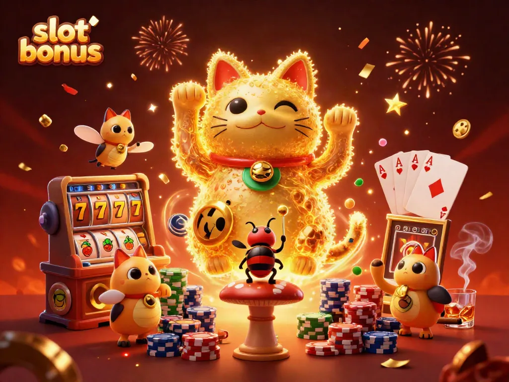 Experience the excitement of a slot bonus with a dynamic lucky cat made of golden fireflies and casino symbols.