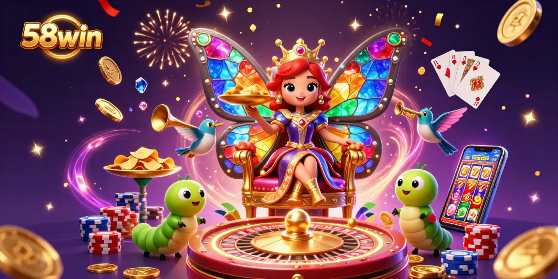 Experience the vibrant world of 58win with a dynamic illustration featuring a butterfly queen amidst golden casino elements.