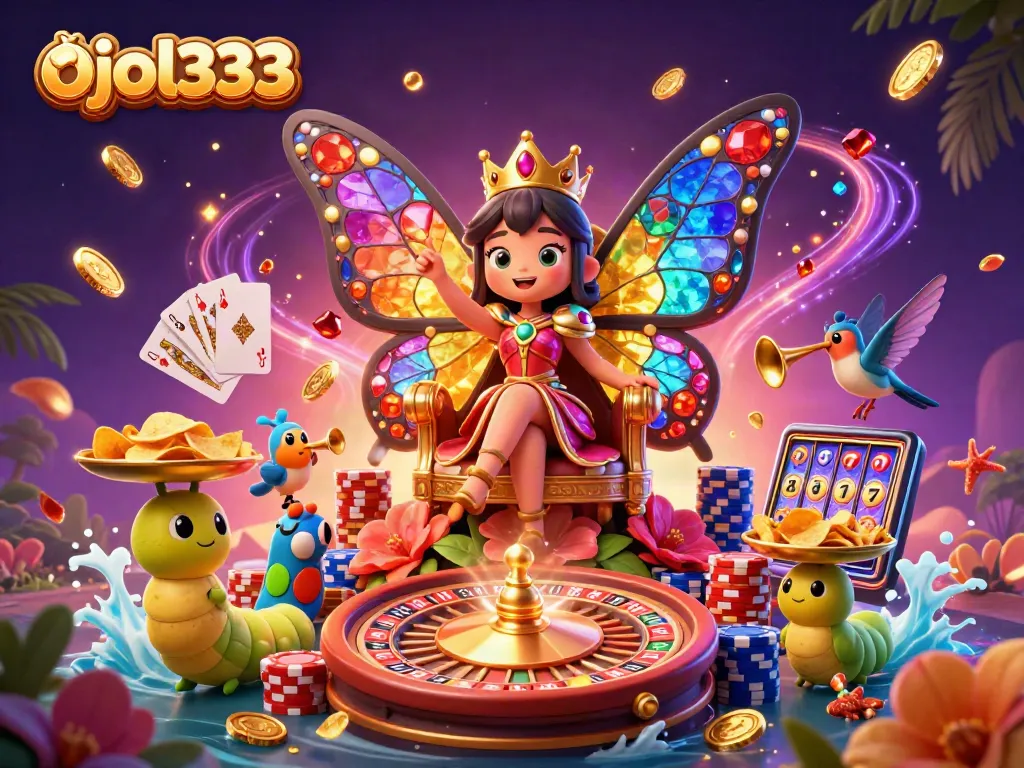 Watch ojol333's butterfly queen interact with golden chips, showcasing vibrant casino elements.