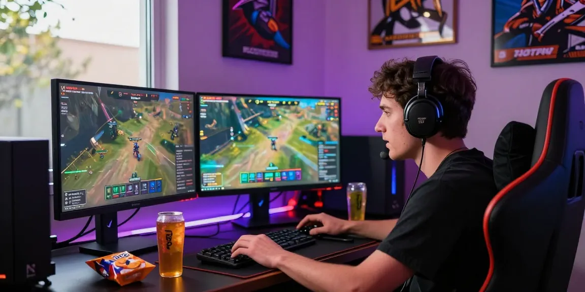 Engaged gamer at a B52 gaming setup with vibrant LED lights and dual monitors.