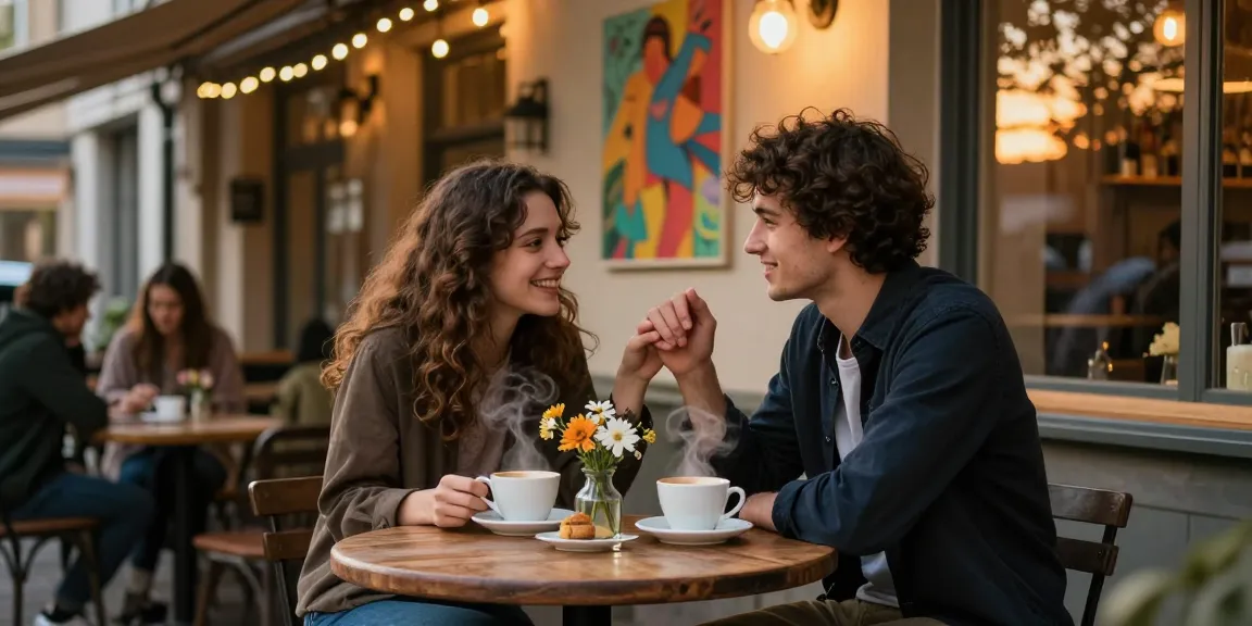 Couple enjoying coffee while they have a crush on each other in a cozy cafe