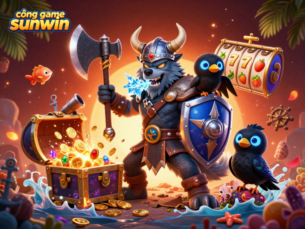 Experience the excitement of cổng game sunwin with a heroic Viking wolf warrior and vibrant casino elements.