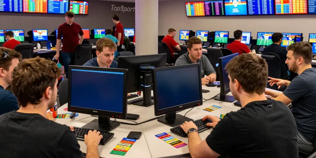 Betting enthusiasts enjoying the OperatoriuGidas experience at TopSport physical location with live match displays.