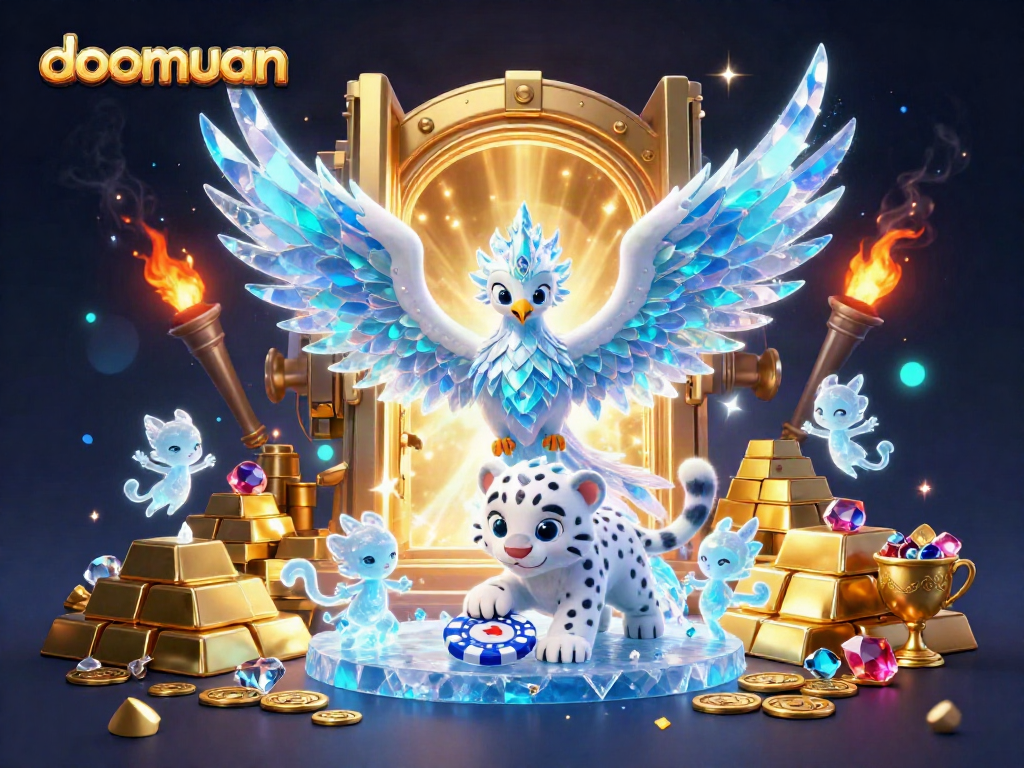 Experience the excitement of doomuan with a vibrant 3D illustration showcasing an ice phoenix amidst dazzling casino treasures.