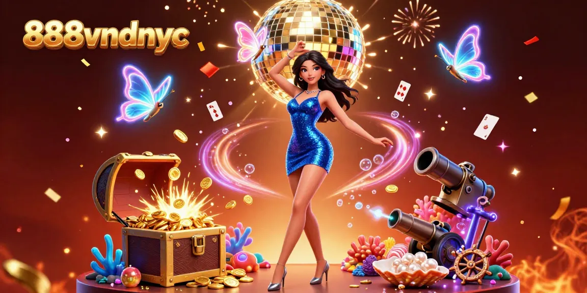 The vibrant illustration showcases 888vndnyc's thrilling casino experience with a glamorous character dancing among casino treasures.