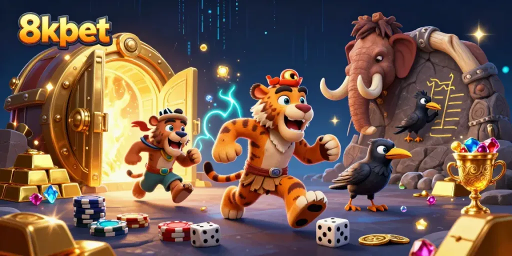 Experience thrilling 8xbet casino action with a vibrant prehistoric scene featuring a caveman duo and treasures.